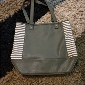 Thirty-One Olive Green Tote with Striped Sides